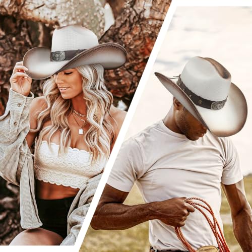 FLUFFY SENSE. Cowboy Hat for Women and Men - Straw Cattleman Crease Western Hats with Upgrade 4 inches Shapeable Wide Brim - color: White