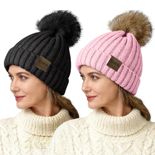 ZOORON Beanies for Womens Winter Knitted Beanies Hats with Faux Fur Pom Warm Knit Skull Cap - color: 2pack-black+pink