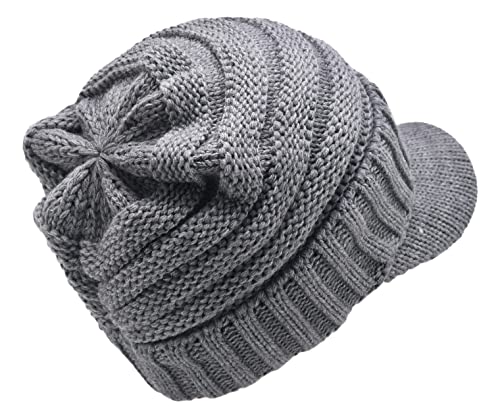 C.C Trendy Warm Oversized Chunky Soft Oversized Ribbed Slouchy Knit Hat with Visor Brim - color: Light Melange Grey