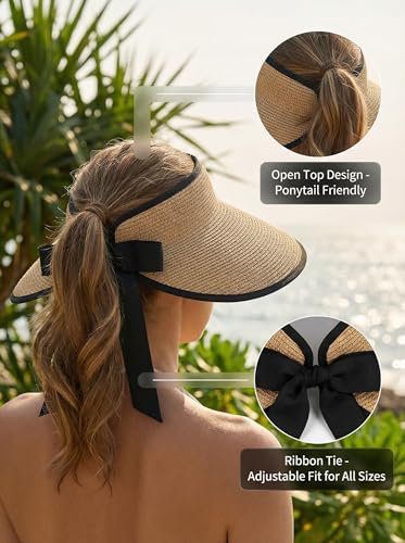 Sun Visor Hat for Women Wide Brim Ponytail Straw Hat UV UPF Summer Beach Vacation Packable Foldable Travel - color: Khaki With Black Piping