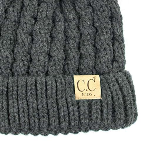 C.C Kids' Cable Knit Double Pom Beanie for Kids - Comfortable Soft Warm Children Skully Hat with Pom - color: Yarn Pom Dark Melange Gray