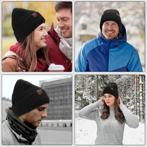 ZTL Merino Wool Beanie Hat for Men Women, Thick Warm Fleece Lined Knit Winter Hats Cuffed Beanie Stocking Hat Ski Skull Cap - color: Black