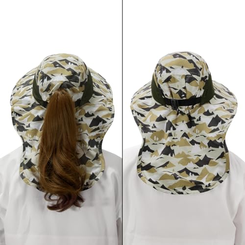 BASSDASH UPF 50+ Unisex Water Resistant Wide Brim Sun Hat with Large Neck Flap Ponytail Fishing Hat for Men Women - color: Mountain Camo/Amy Green