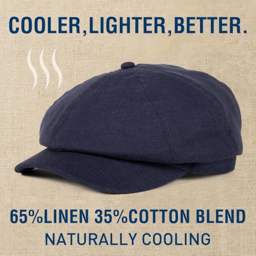 XL XXL Oversized 8 Panel Natural Linen Flat Cap Newsboy Hat Lightweight Summer Cooling Golf Outdoor Eco-Friendly - color: Navy Herringbone(elastic), size: Medium-Large
