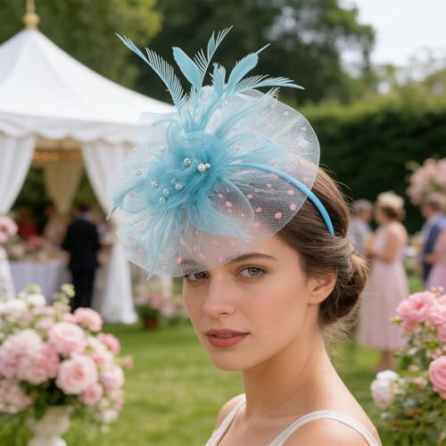 Fascinator Headband - Vintage Tea Party Hat with Feathers & Mesh for Women Derby Hats Wedding Flower Feathers Hair Clip - color: Lake Blue