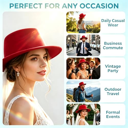 Fedora Flat Hat Classic Wide Brim Cap Panama Style Jazz Hat for Wedding Party Talent Performance Xmas Gift Unisex - color: Red
