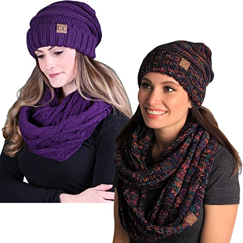Funky Junque Slouchy Beanie & Infinity Scarf Gift Set – Matching Winter Accessories Sets for Women, Oversized Hat and Scarves - color: 2 Pack: Purple & Kaleidoscope #32
