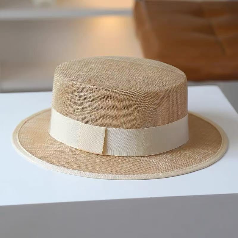 2026 Luxury Handmade Boater Hat, Lightweight Breathable Flax Yarn Summer Hat for Cruise Vacation Photo Essential. - color: Beige
