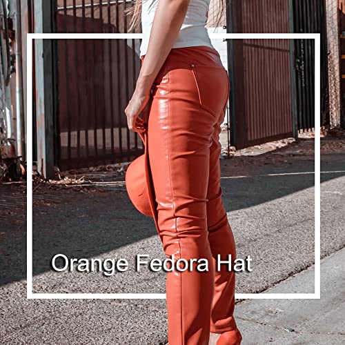 Women Men Wide Brim Fedoran Hat with Chain Belt Buckle - color: Orange