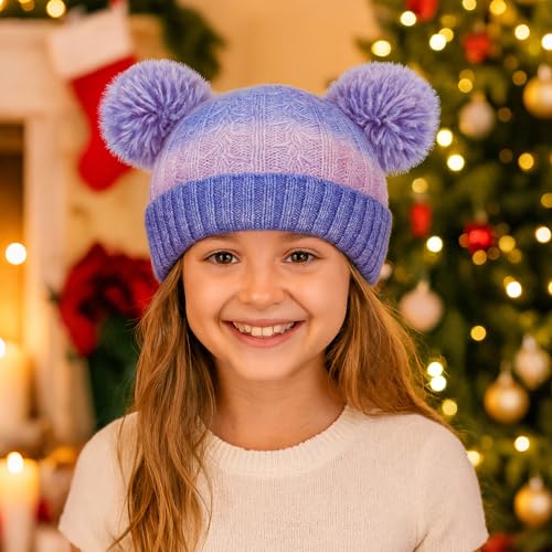 Girls Rainbow Pom Pom Beanies Hats Winter Knit Fleece Lined Beanie Hat for Kids Outdoor Snow Ski Skull Cap Age 7-12 - color: Pompom-multicolor 02(fleece Lined)