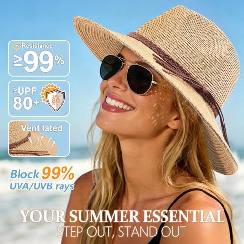 AQOKKA Summer Sun Hats for Women Straw Panama Hat with Wide Brim Roll Up Travel Fedora Beach Hat for Women Men UPF 50+ - color: Woven Rope : Khaki