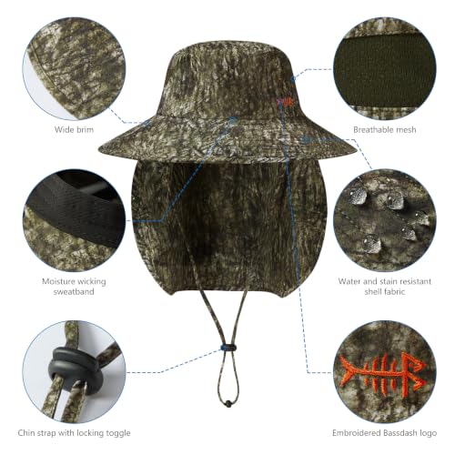 BASSDASH UPF 50+ Breathable Sun Hat with Removable Face Cover and Neck Flap Wide Brim Bucket Hat for Fishing Hiking Men Women - color: Moss Wood