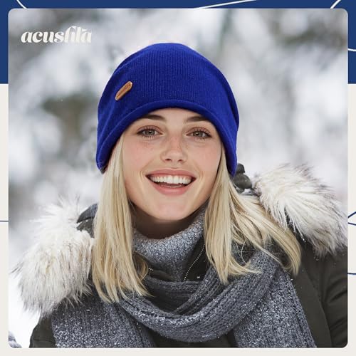 ACUSHLA 100% Merino Wool Slouchy Beanie for Women Men Winter Hat Skull Cap - color: Blue