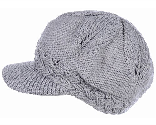 BYOS Womens Winter Chic Cable Warm Fleece Lined Crochet Knit Hat W/Visor Newsboy Cabbie Cap - color: Braided Front Lt.gray