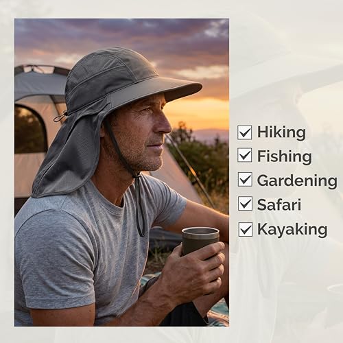 Hat Hut Ultra-Light Sun Hat with Neckflap, UPF 50+, Wide Brim, Breathable Outdoor Hiking Fishing Hats for Men - color: Dark Grey