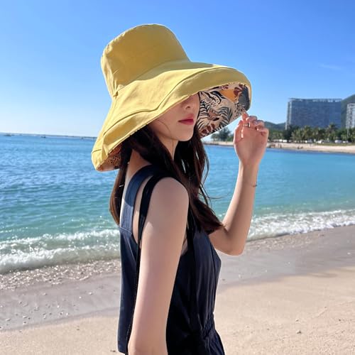 Women Wide Brim Sun Protection Hat Summer Fishing Hats - color: Yellow and Leaf Print