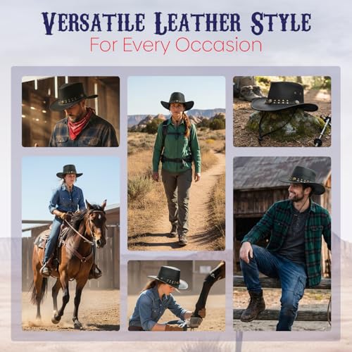 Equine Care Leather Cowboy Hat for Men & Women, Genuine Leather Western - color: Matte Black, size: 7 1/4-7 3/8