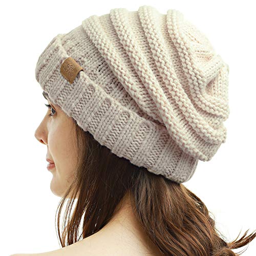 Womens Winter Beanie Warm Knit Hat Cable Stretch Trendy Ribbed Chunky Cap - color: Oatmeal