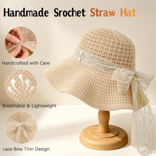 Sun Hats for Women Summer Straw Beach Hat UV Protection Floppy Wide Brim Travel Bucket Hat Foldable Packable - color: Beige-lace Bow