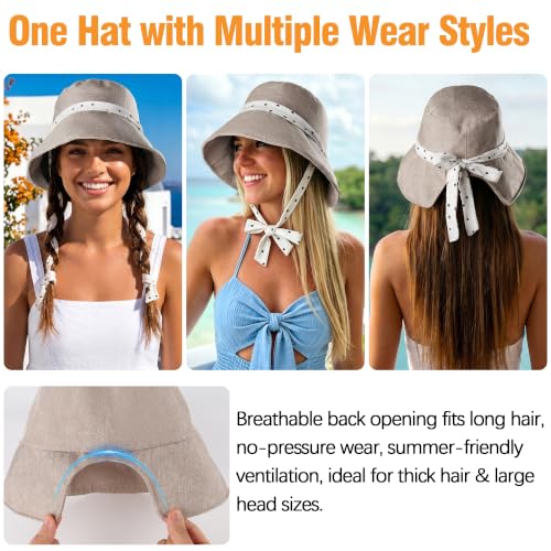 Babalet Linen Blend Sun Hat for Women Wide Brim Beach Bucket Hat - color: Lightgrey- Ponytail Opening