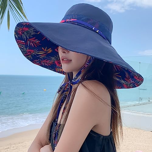 6" Extra Wide Brim Sun Hats UPF 50+ UV Protection Packable Beach Hat Strap Women - color: Navy