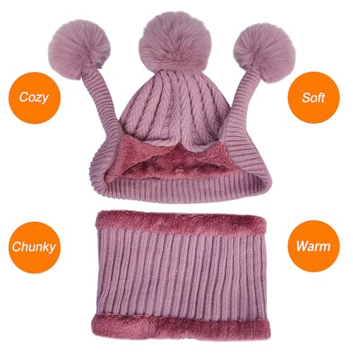 HUAMULAN Women Winter Knit Beanie Hat Circle Scarf Set Pompoms Ear Flaps - color: Mauve Pink