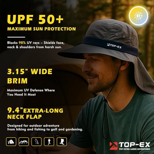 TOP-EX UPF 50+ Cooling Wide Brim Sun Hat for Men with Neck Flap, Packable - color: Dark Grey - Fish Camo, size: Large-X-Large