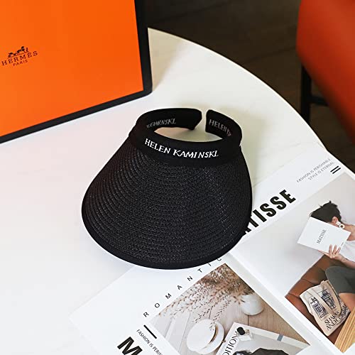 Women Straw Sun Visor Hat, Summer Wide Brim UV Protection Beach Cap Adjustable Sun Hat for Outdoor - color: Black