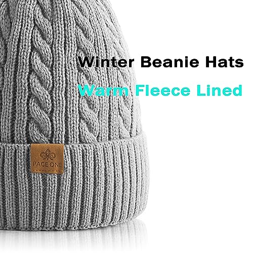 PAGE ONE Women Winter Pom Pom Beanie Hats Warm Fleece Lined Knit Hat Chunky Trendy Cute Cap - color: Light Gray-1
