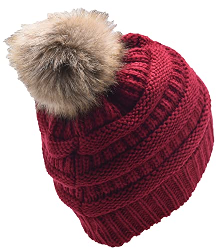 C.C Trendy Fuzzy Fleece Lined Warm Comfortable Soft Stretch Cable Knit Ribbed Faux Fur Pom Pom Beanie Hat - color: Burgundy
