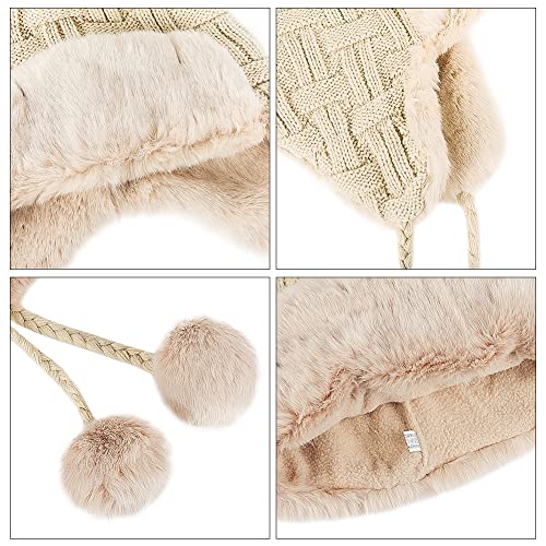 PENINSULA LOVE Women Peruvian Trapper Hat Faux Fur Ushanka Russian Hat Earflap Eskimo Beanie Winter Knitted Cap with Pompom - color: Beige