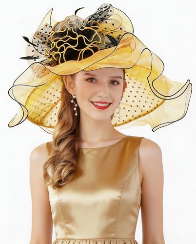 Z&X Women Organza Church Derby Hat Wide Brim Sun Hats for Wedding Tea Party Fascinator Hat, Dual-use - color: 031 Gold