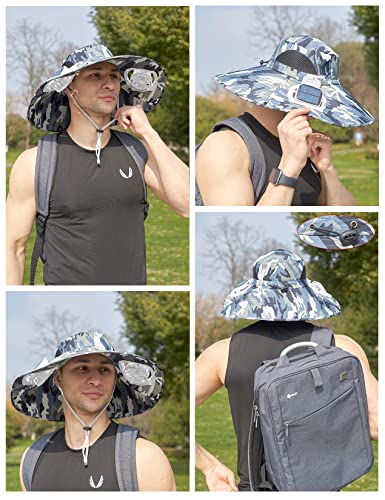 Mens Sun Hat with 2 Fan, Summer Cooling Wide Brim Bucket Hat, Beach Hat Garden Hat, Solar + USB Dual Power Supply - color: Navy
