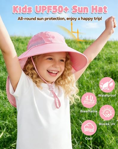 Rosoz Kids Sun Hat with Neck Flap UV Protection Summer Toddler Beach Hat Unisex Ponytail Hat Wide Brim Fishing Hat - color: 1pack-light Pink