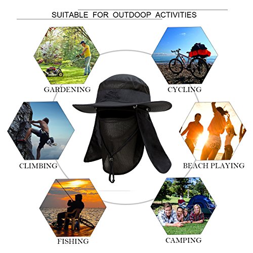 YR.Lover Outdoor UV Sun Protection Wide Brim Fishing Cap with Removable Flap - color: Black