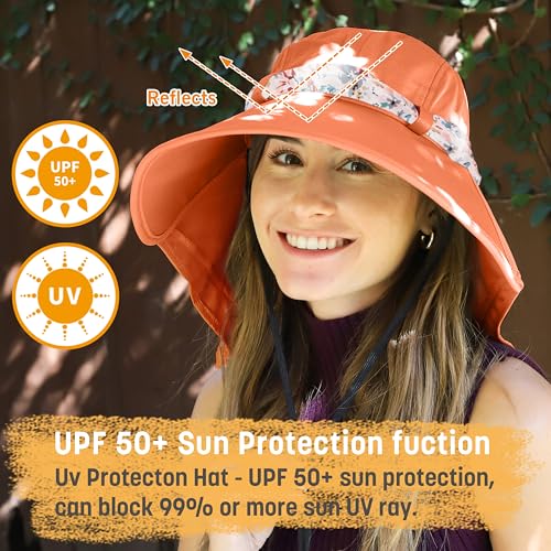 Solaris UPF 50+ Wide Brim Sun Hat for Women - Small Size Packable Lightweight, Floral Scarf Cooling Hat with Neck Flap - color: Orange-round