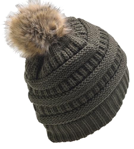 C.C Trendy Fuzzy Fleece Lined Warm Comfortable Soft Stretch Cable Knit Ribbed Faux Fur Pom Pom Beanie Hat - color: Moss Green