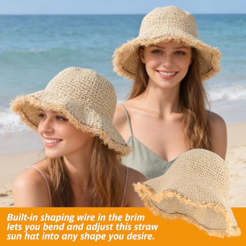 Women's Straw Bucket Sun Hat, Packable Floppy Wide Brim Beach Hat - color: Beige