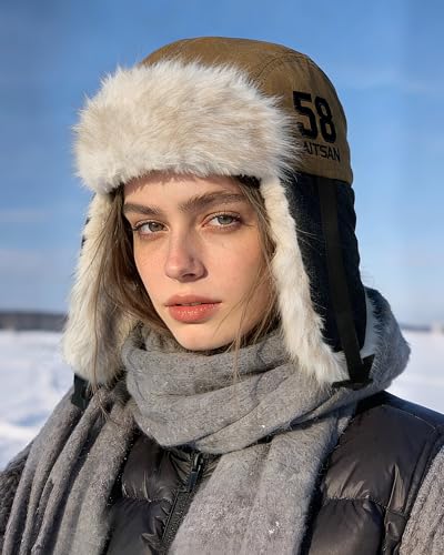 Croogo Trapper Hat Winter Hats for Men Trooper Russian Warm Hat with Ear Flaps Women Ushanka Fur Hat Windproof Ski Hat - color: Pl2510-khaki