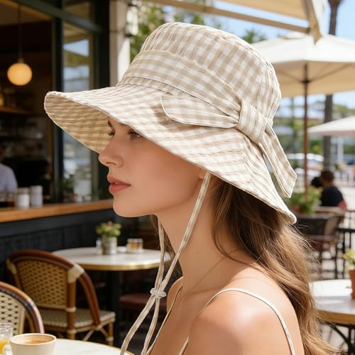 Women's Summer Plaid Sun Hat 100% Cotton Beach UV Protection Fishing Hat - color: Beige