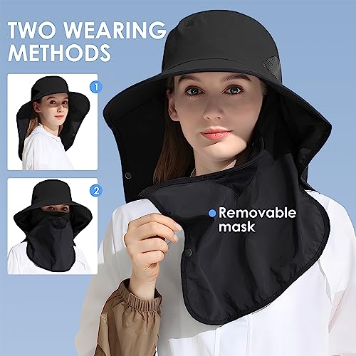 Outdoor Sun Hat Detachable Neck Face Flap UPF 50+UV Protection Visor Fishing Hats with Neck Flap for Men & Women - color: Black