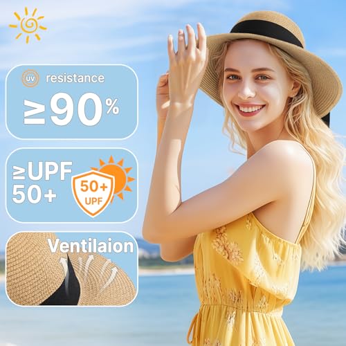 Beach Hats for Women, Sun Straw Hat for Women, UPF 50+ UV Foldable Sun Hat - color: N-khaki
