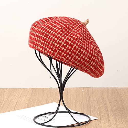 Women Winter Classic Beret Hat Newsboy Cap Painter Hats Houndstooth Beret Hats - color: Jd05 Red
