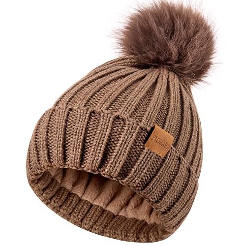 Womens Winter Beanie Hat Fleece Lined Warm Skull Cap with Faux Fur Pom Cuff Knitted Hat for Women - color: Khaki