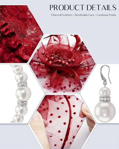 Fascinators Hat for Women Tea Party Fascinator Headband with Gloves Tea Party Accessories for Ladies - color: Burgundy