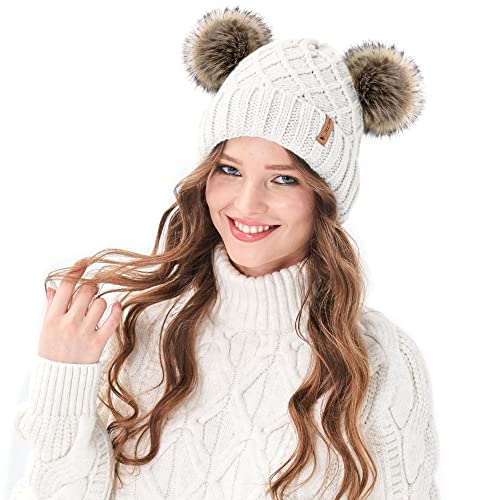 Arctic Paw Womens Winter Hat Cable Knit Beanie for Women Faux Fur Pompom Ears - color: White_grid