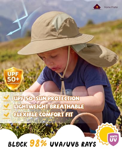 Home Prefer UPF 50+ Boys Sun Hat with Neck Flap Wide Brim Summer Beach Bucket Hat for Boys Girls Toddler Kids Safari Hat - color: Khaki