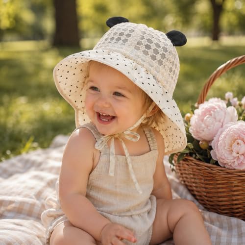 Toddler Girls Sun Hat - Wide Brim Bucket Hat with Neck Flap, Crochet Lace, Adjustable Strap (1-4 Years) - color: Bear Ears