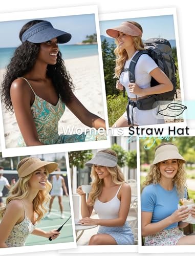 CHUNG Women Visor Sun Hat Paper Straw Wide Brim Adjutable Ponytail Packable Beach Holiday Summer Travel - color: V-navy