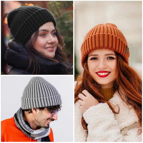 HONGTEYA 3 Pack Winter Beanie for Men Women, Thicken Thermal Plush Lined Beanie Fashion Warm Knit Hat for Cold Weather - color: Black+gray+caramel Brown